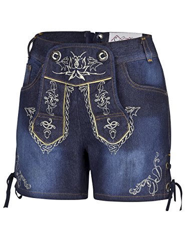 Schöneberger Trachten Damas Traje Tradicional Jeans - Hotpants Jeans Stretch - Pantalones de Cuero Azul (30, Azul - Vaqueros Tradicionales)