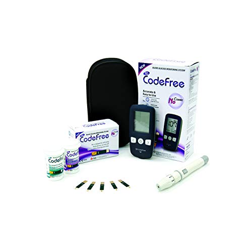 SD Codefree Glucometro Lector Medidor de niveles de glucosa y azucar en Sangre Kit de control de la Diabetes y la Glucemia en mg/dL - Incluye 10 tiras y estuche