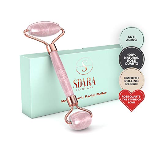 Sdara Rodillo de cuarzo rosa - Rodillo facial para arrugas, hinchazón en los ojos y alivio de la presión en los senos nasales - Piel de tono uniforme - Cuarzo rosa