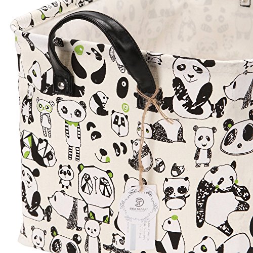 Sea Team Estampado Panda Lienzo y Lino Buena Calidad Cesto Almacenamiento juguetes Con Asas Cuero PU alta calidad y el forro Impermeable Usa Habitación Los Niños y Guardería