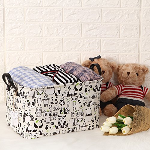 Sea Team Estampado Panda Lienzo y Lino Buena Calidad Cesto Almacenamiento juguetes Con Asas Cuero PU alta calidad y el forro Impermeable Usa Habitación Los Niños y Guardería