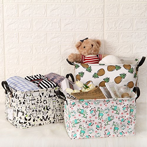 Sea Team Estampado Panda Lienzo y Lino Buena Calidad Cesto Almacenamiento juguetes Con Asas Cuero PU alta calidad y el forro Impermeable Usa Habitación Los Niños y Guardería