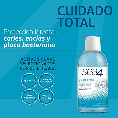 Sea4 Colutorio Cuidado Total Uso Diario, Protección Integral Anticaties, Antiplaca Bacteriana y Protección Encías, Formulado con Agua de Mar, Sin Alcohol, 500 ml, Azul (306308)