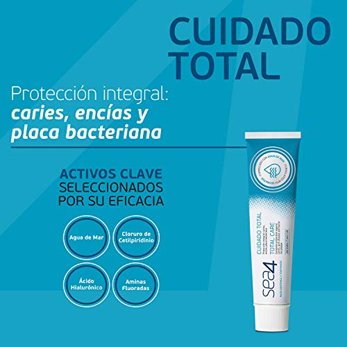 Sea4 Pasta Dentífrica Cuidado Total Uso Diario, Protección Integral Anticaties, Antiplaca Bacteriana y Protección Encías, Formulado con Agua de Mar, 75ml, Azul (303816)