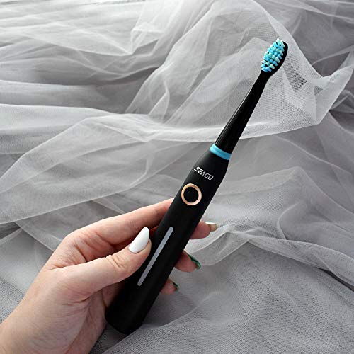 Seago Cepillo de dientes eléctrico sonico recargable por USB con 5 modos, carga 3 horas al menos 30 días de uso con temporizador de 2 minutos y 3 cabezales de repuesto (SG-958), negro 