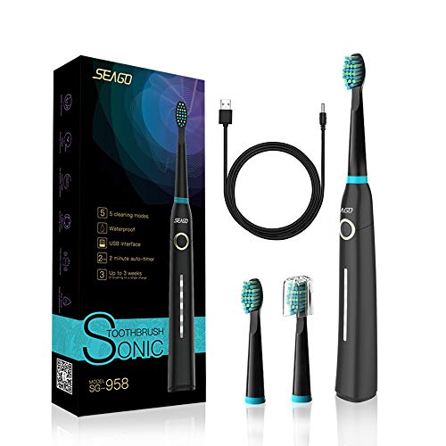 Seago Cepillo de dientes eléctrico sonico recargable por USB con 5 modos, carga 3 horas al menos 30 días de uso con temporizador de 2 minutos y 3 cabezales de repuesto (SG-958), negro 