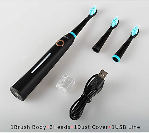 Seago Cepillo de dientes eléctrico sonico recargable por USB con 5 modos, carga 3 horas al menos 30 días de uso con temporizador de 2 minutos y 3 cabezales de repuesto (SG-958), negro 