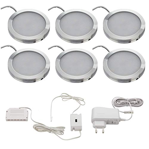 SEBSON® 6x LED bajo mueble empotrable, regulable sin contacto, sensor de infrarrojos, LED bajo gabinete, calido blanca 3000K, ronda, 6x 1,8W, 150lm