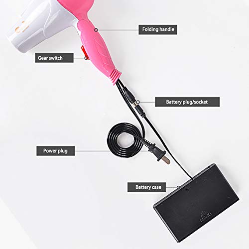 Secador de pelo plegable, motor CC, con compartimento para batería, color negro y rosa