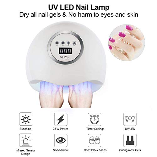Secador de Uñas 72W lampara led uñas Lámpara LED UV Profesional Manicura/Pedicura Curado Luz Máquina,Para Manicura Shellac y Gel,con 4 Temporizadores,Sensor Automático,Pantalla LCD