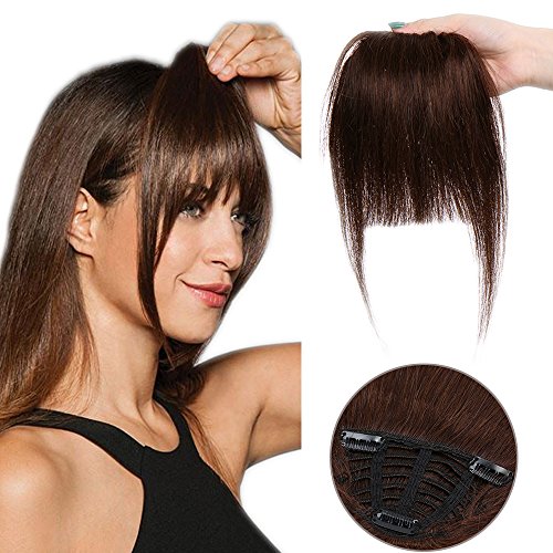 SEGO Flequillo Postizo Pelo Natural Clip [#4 Castaño Chocolate] 100% Remy Extensiones de Cabello Humano [Una Pieza 3 Clips] Pelucas para Mujer Clip in Fringe Bangs (30cm,25g)