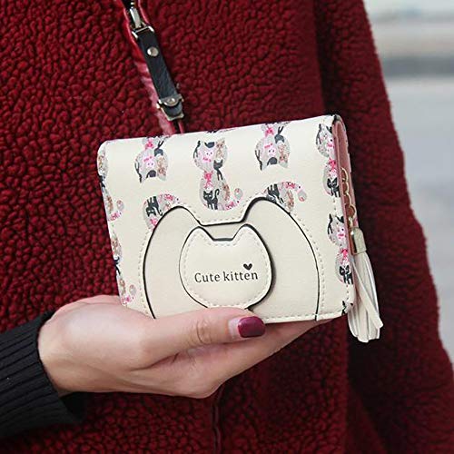 Sencillo Vida Carteras Mujer con Monedero Pequeñas Borla AdornosMonederos Desigual Bolsos de Mano para Señora Billetera Corto de Mujeres Baratas para Monedas Tarjeta (Beige)