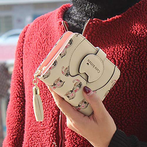 Sencillo Vida Carteras Mujer con Monedero Pequeñas Borla AdornosMonederos Desigual Bolsos de Mano para Señora Billetera Corto de Mujeres Baratas para Monedas Tarjeta (Beige)