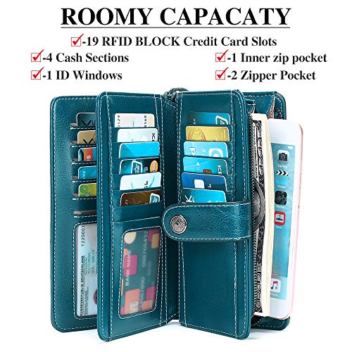 SENDEFN Fashion Genuine Leather Women RFID Blocking Multi Card Organizer Wallet para Mujer Monedero (Azul Pavo Real)