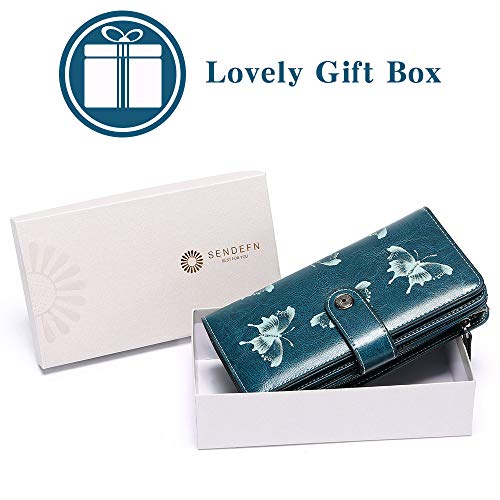 SENDEFN Fashion Genuine Leather Women RFID Blocking Multi Card Organizer Wallet para Mujer Monedero (Azul Pavo Real)