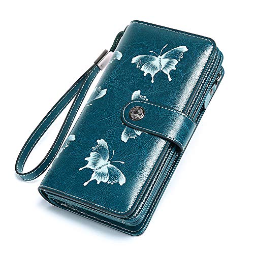 SENDEFN Fashion Genuine Leather Women RFID Blocking Multi Card Organizer Wallet para Mujer Monedero (Azul Pavo Real)