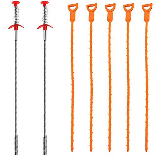 Senhai 7 Paquetes de Serpiente de Drenaje, 20 Pulgadas de Drenaje de cloque removedor de Drenaje Herramienta de Limpieza de Taladro de Alivio (2 de Acero Inoxidable y 5 de plástico)