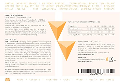 Senner WorkPro tapones transparentes para oídos (SNR 18dB) con soporte de aluminio, para un uso prolongado y repetitivo, con filtro de color naranja/transparente