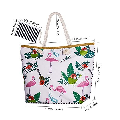 SenPuSi Beach Bag Summer Canvas Shoulder Bag Holiday Travel Large Shoulder Bag with Zip Shopping Bag with Small Handbag Environmental Protection DIY Bag for Girls Ladies Women (Flamenco)