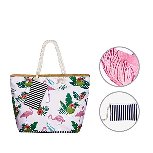 SenPuSi Beach Bag Summer Canvas Shoulder Bag Holiday Travel Large Shoulder Bag with Zip Shopping Bag with Small Handbag Environmental Protection DIY Bag for Girls Ladies Women (Flamenco)