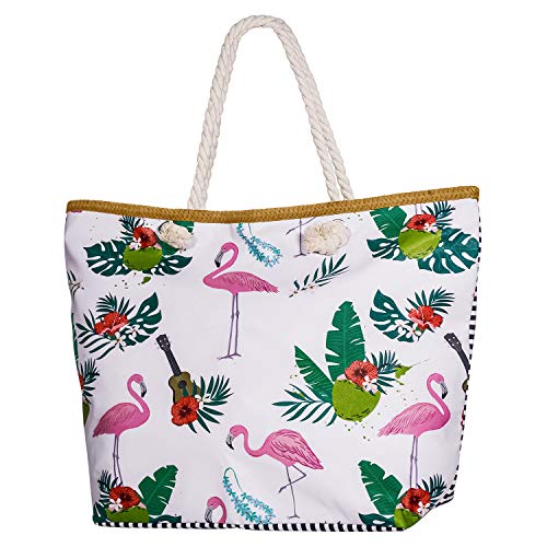 SenPuSi Beach Bag Summer Canvas Shoulder Bag Holiday Travel Large Shoulder Bag with Zip Shopping Bag with Small Handbag Environmental Protection DIY Bag for Girls Ladies Women (Flamenco)