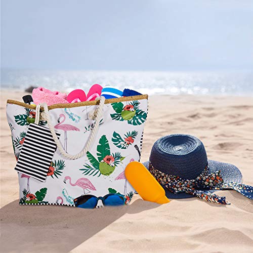 SenPuSi Beach Bag Summer Canvas Shoulder Bag Holiday Travel Large Shoulder Bag with Zip Shopping Bag with Small Handbag Environmental Protection DIY Bag for Girls Ladies Women (Flamenco)