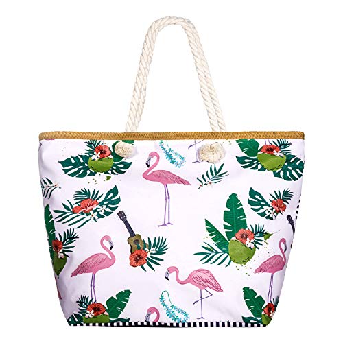 SenPuSi Beach Bag Summer Canvas Shoulder Bag Holiday Travel Large Shoulder Bag with Zip Shopping Bag with Small Handbag Environmental Protection DIY Bag for Girls Ladies Women (Flamenco)