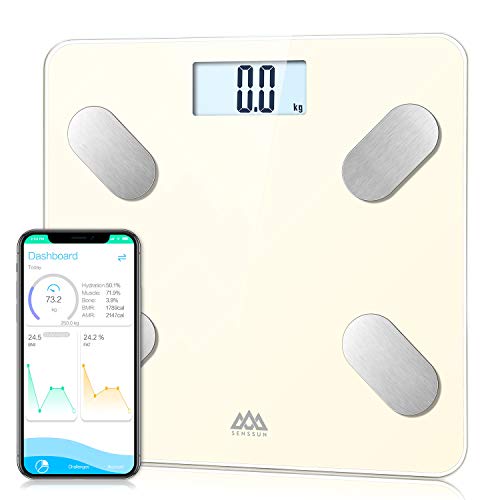 SENSSUN Bascula de Baño Digital Grasa Corporal,balanzas digitales bluetooth,Analiza la composición corporal,con 13 Funciones,IMC/músculo/grasa corporal/masa ósea(Blanco)