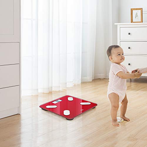 SENSSUN Bascula de Baño Digital Grasa Corporal,balanzas digitales bluetooth,Analiza la composición corporal,con 13 Funciones,IMC/músculo/grasa corporal/masa ósea(Rojo)