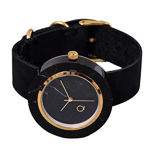 seQoya · Volcano | Reloj de Piedra Hecho con mármol Negro con Esfera de mármol Negro y Correa de Piel ecológica | Reloj Hombre y Mujer | Diseño único y Original