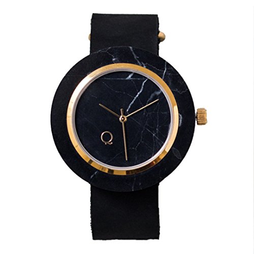 seQoya · Volcano | Reloj de Piedra Hecho con mármol Negro con Esfera de mármol Negro y Correa de Piel ecológica | Reloj Hombre y Mujer | Diseño único y Original