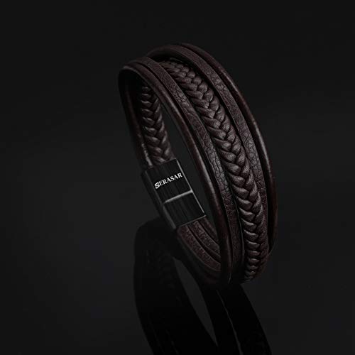 SERASAR 19cm Marrón Pulsera de Cuero Hombre Chico Pulseras Hombres Brazalete Brazaletes Pulso Muñequera Muñequeras Bisuteria Bisutería Joyeria Nudos Cuerda Cuerdas Bracelet Men Jewellery Unisex Ancha