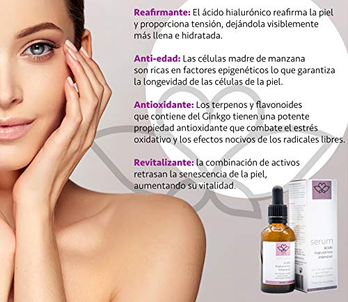 Serum Facial de Acido Hialuronico Puro ORGANICO Vegano I Celulas madre de manzana liposomadas + Extracto de Ginkgo I Hidratante facial, cuello y escote, antiarrugas I Dia y noche I 50ml Mystic Love