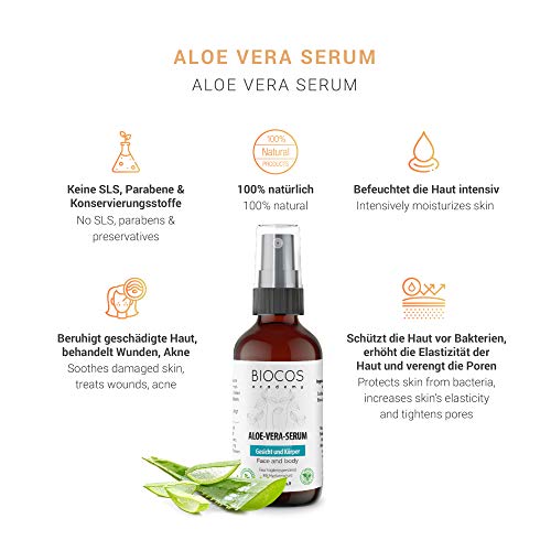 Sérum facial orgánico con aloe vera y ácido hialurónico - sérum contra el envejecimiento, acné, arrugas - apto para pieles grasas, sensibles y secas - 50ml