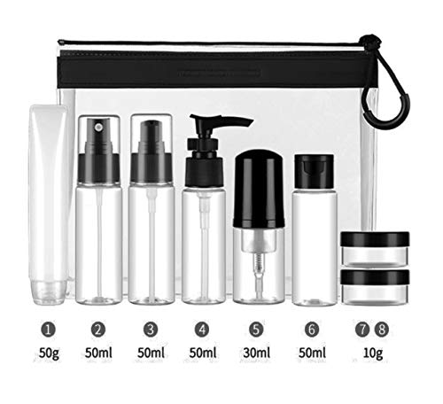 Set Botellas de Viaje Accesorios-(9 Piezas) Botella Plastico Avion, Pulverizador,Botes Spray Vacios,Contenedor Dosificador, Envases para Cosmetica, Kit Botes (Transparente)