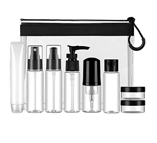 Set Botellas de Viaje Accesorios-(9 Piezas) Botella Plastico Avion, Pulverizador,Botes Spray Vacios,Contenedor Dosificador, Envases para Cosmetica, Kit Botes (Transparente)