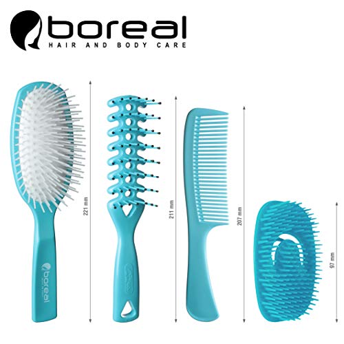 Set cepillos y peine para el pelo desenredado de plástico color azul. Perfecta para extender la crema bajo la ducha. Idea regalo mujer.