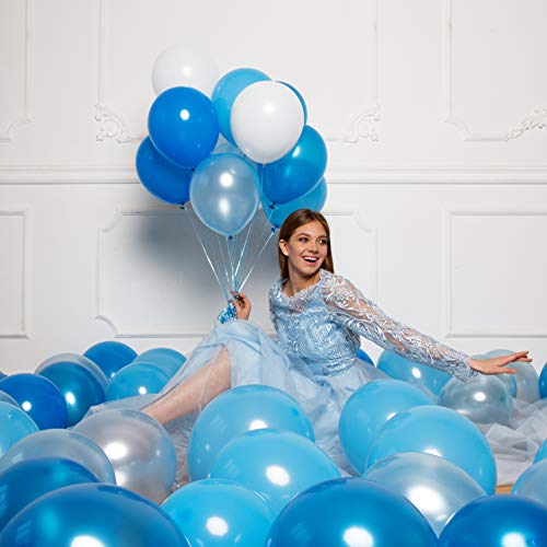 Set de 100 globos azules y blancos + 100m cinta | 5 Colores distintos | Globos de látex de 12 pulgadas | Decoración para cumpleaños, comunion, bautismos y baby shower