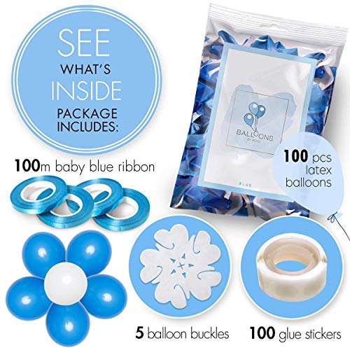 Set de 100 globos azules y blancos + 100m cinta | 5 Colores distintos | Globos de látex de 12 pulgadas | Decoración para cumpleaños, comunion, bautismos y baby shower