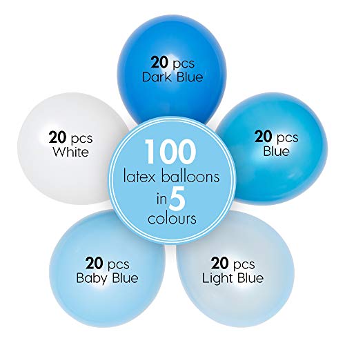 Set de 100 globos azules y blancos + 100m cinta | 5 Colores distintos | Globos de látex de 12 pulgadas | Decoración para cumpleaños, comunion, bautismos y baby shower