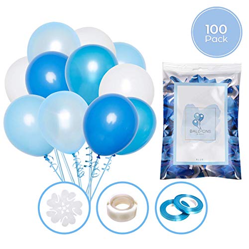 Set de 100 globos azules y blancos + 100m cinta | 5 Colores distintos | Globos de látex de 12 pulgadas | Decoración para cumpleaños, comunion, bautismos y baby shower