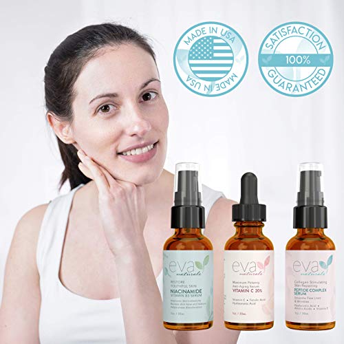 Set de 3 Sueros en Firmeza y Brillo para Piel Eva Naturals - Kit para Rostro con Suero de Vitamina C al 20%, Suero Complejo de Péptidos y Suero de B3 Niacinamida para Aclarar la Tez y Suavizar Arrugas