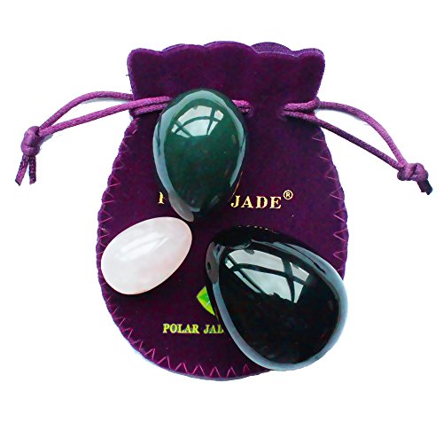 Set de 3 unidades de huevos yoni en 3 tamaños y 3 gemas, perforado, con hilo sin cera e instrucciones, hecho de jade de nefrita, cuarzo de rosa y obsidiana, para el masaje de los músculos yoni del amor en kegels, Polar Jade.