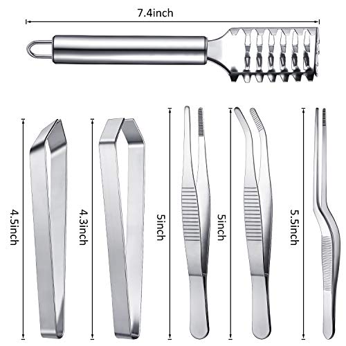 Set de 6 Pinzas de Espina de Pescado Incluye Pinzas de Acero Inoxidable Removedor Raspador de Escamas de Pescado Alicate Plana e Inclinada para Utensilios de Chef, Mariscos, Herramientas de Belleza