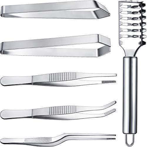 Set de 6 Pinzas de Espina de Pescado Incluye Pinzas de Acero Inoxidable Removedor Raspador de Escamas de Pescado Alicate Plana e Inclinada para Utensilios de Chef, Mariscos, Herramientas de Belleza