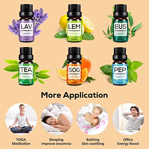 Set de Aceites Esenciales para Difusor,100% Natural Puro Aromaterapia Aceite Aromático,6 x 10 ml Essential Oils Set para Humidificadores, Lámparas de Fragancia,Jabón,SPA,Masaje