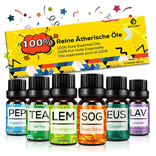Set de Aceites Esenciales para Difusor,100% Natural Puro Aromaterapia Aceite Aromático,6 x 10 ml Essential Oils Set para Humidificadores, Lámparas de Fragancia,Jabón,SPA,Masaje