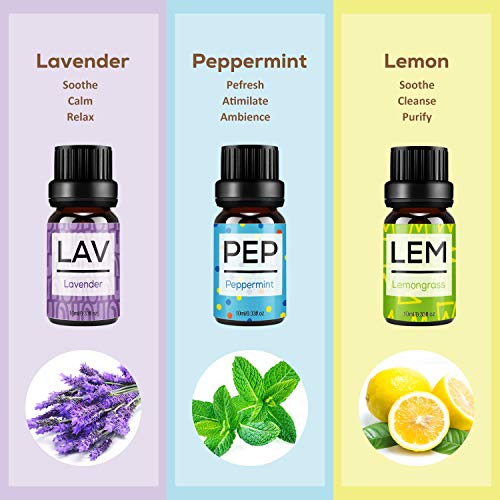 Set de Aceites Esenciales para Difusor,100% Natural Puro Aromaterapia Aceite Aromático,6 x 10 ml Essential Oils Set para Humidificadores, Lámparas de Fragancia,Jabón,SPA,Masaje