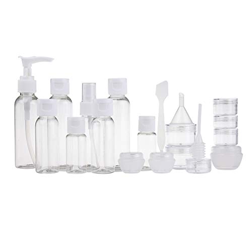 Set de botellas para viaje-Aprobados por TSA/aerolínea-8 botellas y 9 tarros-3 herramientas (pipeta, embudo y mini espátula)-Para envasar porciones reducidas de sus cosméticos, lociones y cremas.