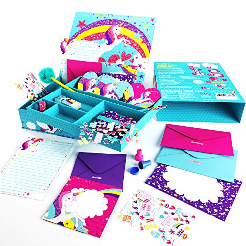 Set de Papel de Carta Unicornio para Niñas de GirlZone - Juego con Hojas, Tarjetas, Sobres, Bolígrafos, Goma, Pegatinas, Cinta Adhesiva y Sellos - Papeleria, Idea de Regalos, Cumpleaños, Invitaciones